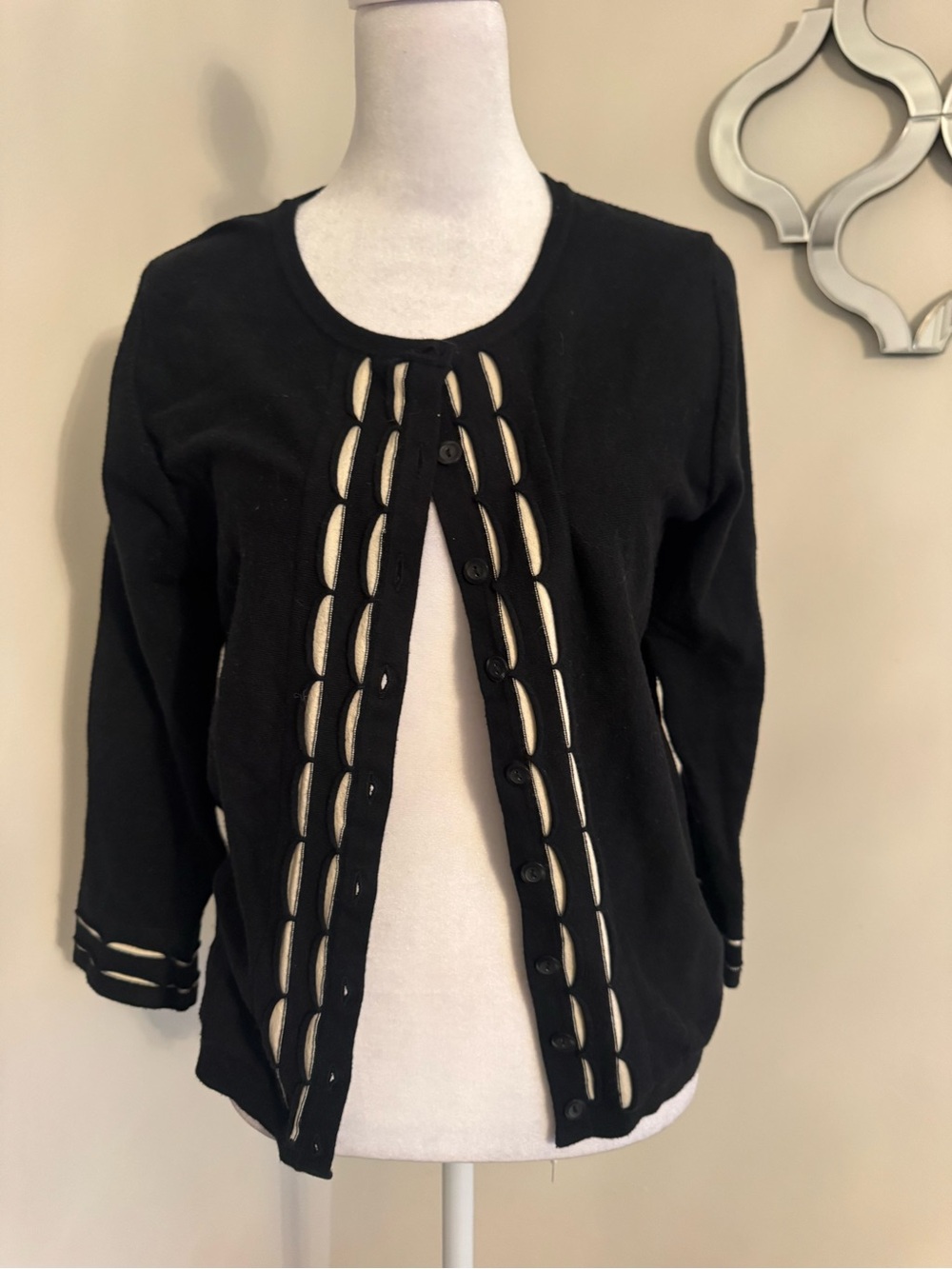 sparrow Black Cardigan with Cream Ladder Trim